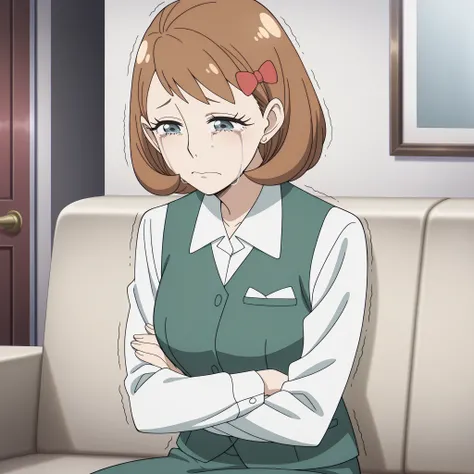 millie myers, millie (spy x family), solo, short hair, bangs, blue eyes, brown hair, hair bow, grey eyes, eyelashes, mature female, medium breasts, anime screencap, collared shirt, white shirt, green vest, green skirt, long sleeves, wrinkled clothes, sitti...