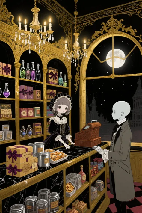 A surreal midnight convenience store designed in Baroque architecture, with ornate gold moldings, black marble counters, and chandeliers glowing with eerie candlelight instead of modern bulbs. The shelves are lined with gothic-styled packaged goods—glass bottles of strange potions, luxurious snack boxes wrapped in velvet ribbon, and metallic tins with unreadable labels. Behind the carved mahogany register stands a pale-skinned doll-like shopkeeper girl with elegant, old-fashioned clothing, dressed like a 1700s noble with a dark twist. Across the counter stands a pale customer, equally strange, wearing a formal coat and lace gloves, with an unreadable expression. The entire scene is bathed in a haunting, golden light against the deep shadows of midnight. Outside the arched window, the moon is full and the night sky looms vast. The atmosphere is eerie, elegant, and surreal—like a haunted royal boutique frozen in time. high quality, high detail, high resolution, masterpiece, rich in colors, bright colors, vute cozy doodle-style illustration.