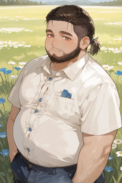 Sttuble, fat, chubby, male, ponytail, shaved sides, brown eyes, dark hair, hairy, beard, blue pants, blue button-down shirt, meadow