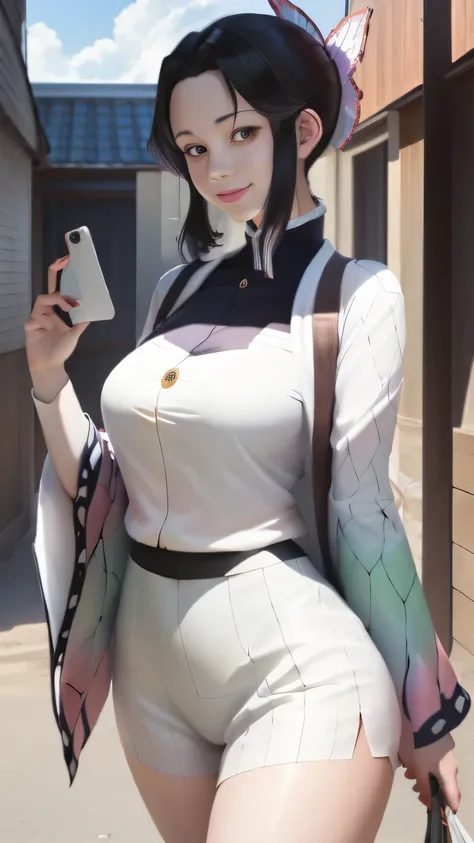 Close-up of a woman in a white top and shorts, artwork in the style of Gwyds, Gwyds, of a fascinating anime, BEAUTIFUL ATTRACTIVE ANIME WOMAN, mini skirt、white panties、beautiful thighs、Naribu-san has a wonderful smile、[ 4K Digital Art ]!!, Japanese Goddess...