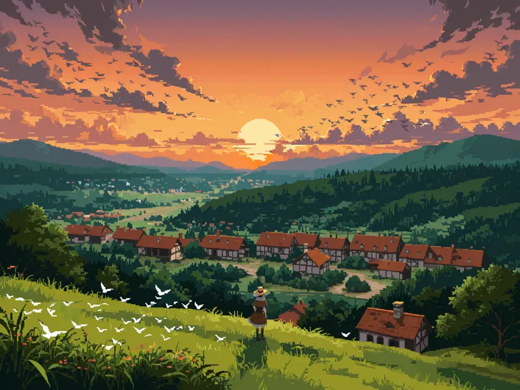 very wide shot, historic European village at sunset, greenery, flock of birds, (overlooking:1.3), pixel art