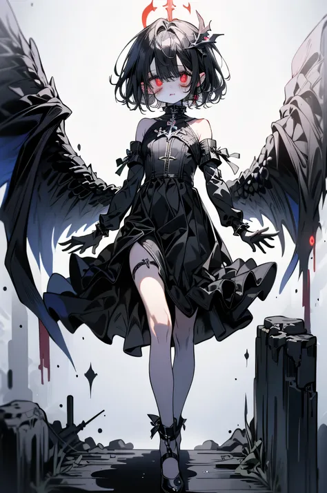 ((top quality))、(((solo))), ((Mysterious pattern)), ((precise face))、((A precise pair of black dirty angel wings that grow from my shoulders))、(Short black fallen angel)、((White skin with red glowing skin on arms and legs))、((Tall))、((is expressionless wit...