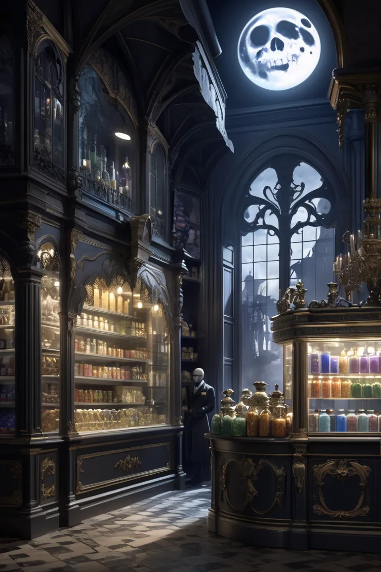 surreal midnight convenience store, baroque architecture, ornate gold moldings, black marble counter, chandelier lighting, gothic luxury goods, potion bottles, velvet-wrapped snacks, mysterious tin packaging, (skeletal shopkeeper:1.1), formal coat, lace gloves, haunted boutique, eerie and elegant, deep shadow, full moon through arched window, baroque horror, high quality, high detail, ultra sharp, cinematic lighting, masterpiece