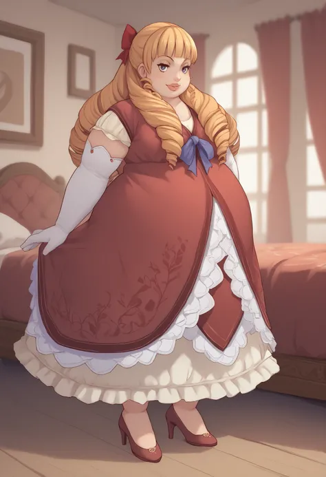 score_9, score_8_up, score_7_up, score_6_up, score_5_up, score_4_up, BREAK source_anime,
1girl, solo,  full body shot,  looking at viewer, smile, bedroom,
  , 
  Margarita Dresden, long hair, drill hair, hair ribbon, medium breasts, chubby, thick lips, red...