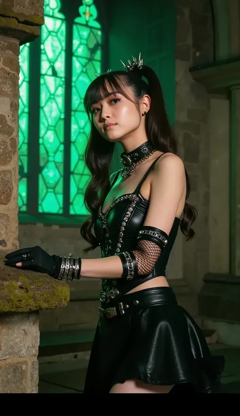 Waist-up shot of emo model wearing sexy gothic corset with daring neckline and a black miniskirt, authentic mid-2000s Hot Topic accessories: fishnet choker with steel spikes, layered wristbands (studded leather + chain links), fingerless mesh gloves, multi...