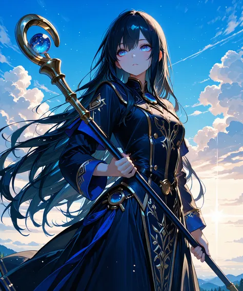 748cmstyle, fine trait, masterpiece, best quality,fine trait,Beautiful Gorgeous Magician-wizard-Girl, very long wavy black hair, hadling a magic-staff, pose action.  High def blue eyes, Best Quality, eyesHD, high gradient eyes, detailed eyes, high definiti...