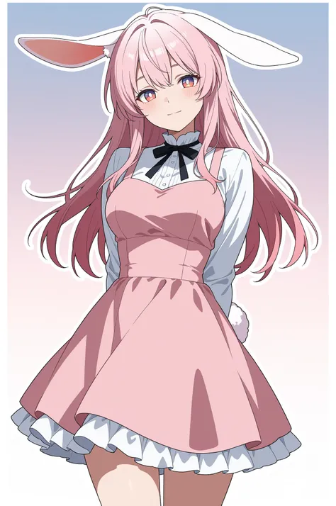 masterpiece, best quality, amazing quality, very aesthetic, safe, cowboy shot, 1girl, aged up, rabbit girl, light smile, blush, [looking at viewer], arms behind back, [head tilt], pink hair, long hair, bangs, detailed eyes, hazel eyes, gradient eyes, white...