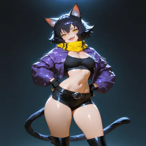 masterpiece, ultra-HD, impressionism, high detail, dynamic lighting, best quality, very aesthetic, 8k, best quality, beautiful, shiny skin, 1girl, solo, short messy black hair, yellow eyes, slit pupils, cat ears, cat tail, sharp fangs, medium breasts, narrow waist, wide hips, thick thighs, petite, dark purple jacket, black crop top, cleavage, yellow scarf, black shorts, black fingerless gloves, black thigh high boots, belt, necklace, smug smirk, open mouth, hand on hips, standing, looking at viewer, simple background, front view