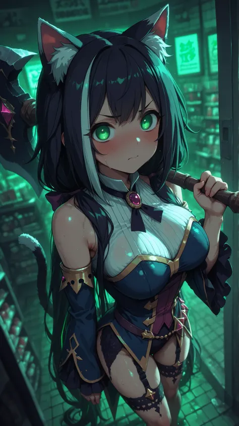 masterpiece , High Quality , High Quality , are very aesthetic , Newest , Scenery , Volume Lighting , depth of field , ((1girl)) , Karyl(Princess Connect),bangs,green eyes,female ,long hair, streaked hair, black hair,white hair, low twintails, green eyes,c...