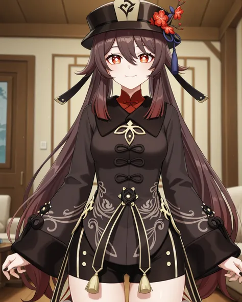 standing, chilling, 
front view, from front, 
eye-level shot, cowboy shot, 

living room, sofa, blurry background, 
1 girl, solo, 
happy, looking at viewer, 

	Hu Tao \Genshin Impact\, 
brown hair, long hair, twintails,
red eyes, flower shaped pupils,

	Hu...