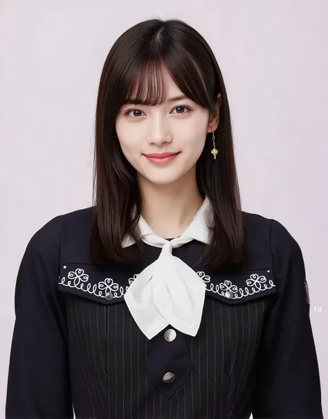  The image depicts a long young woman, straight brown hair that falls nicely on the shoulders. She's wearing a dark navy blue blouse with intricate white embroidery on the top, Adding elegance. embroidery The design consists of a floral pattern and a linea...