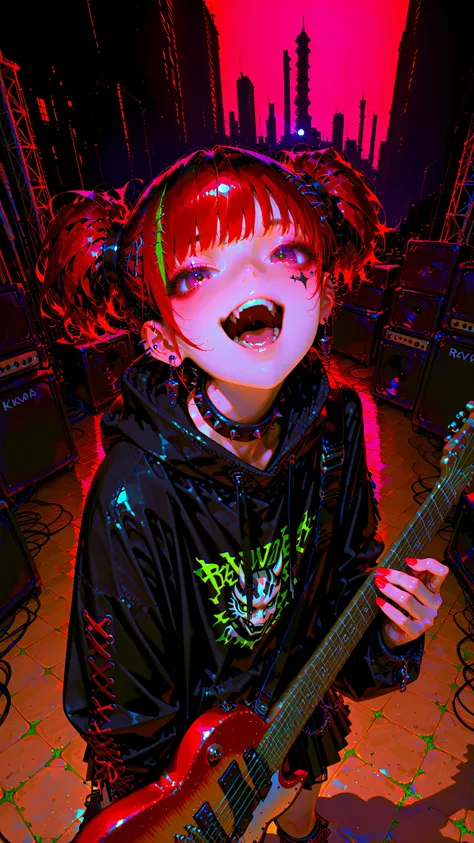  Very imaginative, solo, Punk Warped Zebra Male, \((Mohawk Head Top)AND(twin tails)Hairstyle\), Redwood Gloss PRS Guitar, Intense performance poses, Open your mouth, Passionate Expression, Shoulder Angle, outdoor live stage background, MX4D.