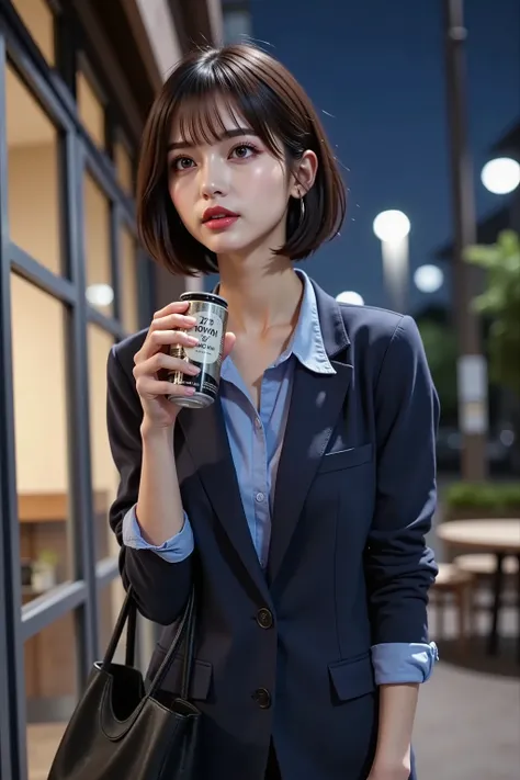 ((Taken diagonally from below 2.0)),near the front entrance of a convenience store late at night,((1 woman drinking coffee while standing can)),1 woman drinking canned coffee, blue collared shirt, navy blue suit jacket(( arm roll up)), Short Hair, working ...