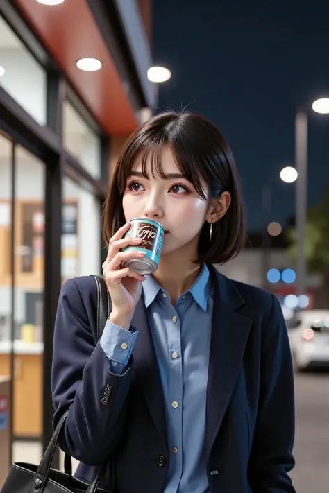 ((Taken diagonally from below 2.0)),near the front entrance of a convenience store late at night,((1 woman drinking coffee while standing can)),1 woman drinking canned coffee, blue collared shirt, navy blue suit jacket(( arm roll up)), Short Hair, working ...