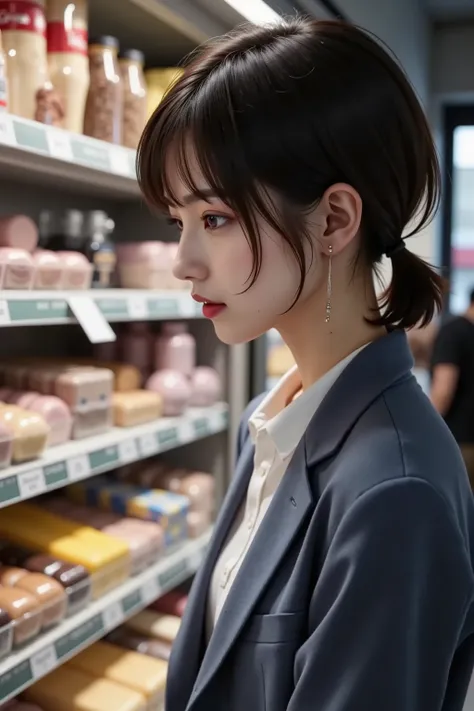 ((Side shot 2.0))After work, in front of the sweets section at a convenience store late at night, staring closely at sweets, wondering whether to buy,