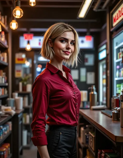 photo of an attractive smiling woman, working in a Midnight Convenience Store, standing behind the cash register, she is happy to help you and wearing a (red shirt) and (dark trousers), Aprone, (8k, RAW photo, 35mm, DOF, best quality, ultra high res, photo...