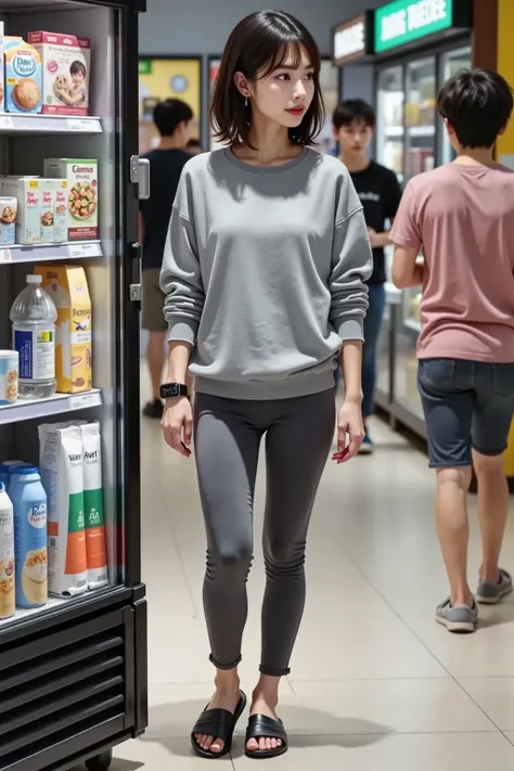 Midnight Convenience Stores, sweatshirt:long sleeve、gray , underpants:gray、Seven-tenths of a foot, black sandals, I'm holding a smartwatch in my hand , is shopping at a convenience store