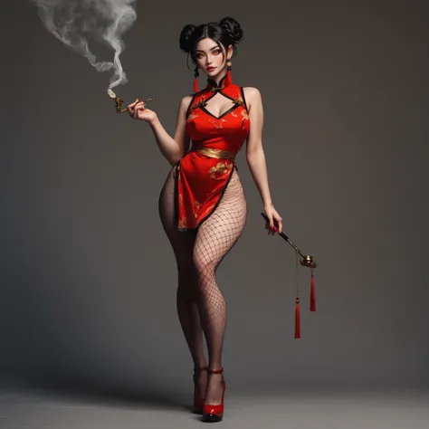 A character reference concept art in a realistic style in a frontale view full body shot standing in A-pose with no background. The character is a female Chinese merchant in her 30s, black hair with buns and braids, golden pins, golden eyes, classy makeup,...