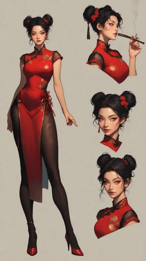 A character reference concept art in a realistic style in a frontale view full body shot standing in A-pose with no background. The character is a female Chinese merchant in her 30s, black hair with buns and braids, golden pins, golden eyes, classy makeup,...