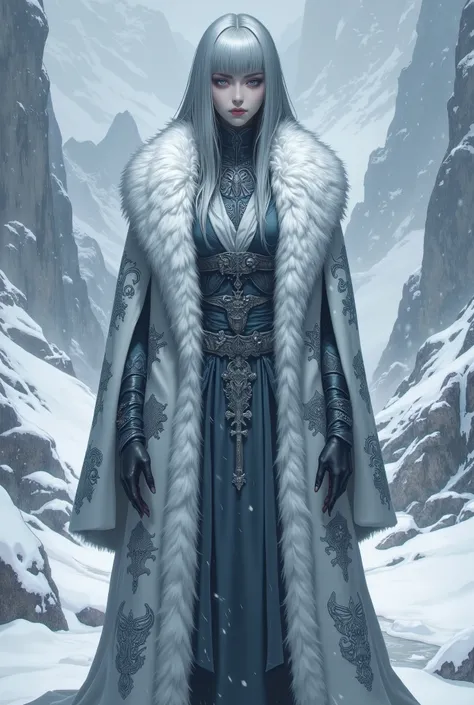 (masterpiece, best quality, ultra-detailed, professional illustration), a full body shot of an elegant female Ascetics with a solemn and sacred temperament, standing in a vast, snowy mountain landscape during a heavy snowfall. She has exquisite facial feat...