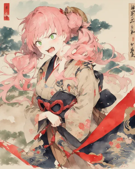 High Quality、High Quality、woman in hakama 、solo、(Aikawa Megumi )、 pink hair、green eyes、(raised eyes)、(angry face)、long hair、half twin tails、bungs、Anatomically Perfect and Accurate 、Ukiyo-e style、Japanese Garden、Yoshitaka Amano、 Oil & Watercolor 
