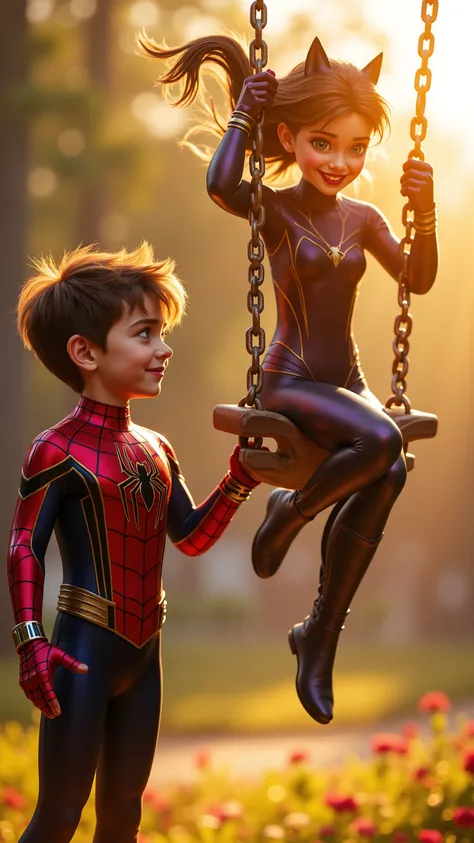 Spider-Man,Peter Parker,A hyper-realistic, cinematic moment set in a glowing park at golden hour, where sunlight streams through lush trees, casting warm orange and golden reflections across a modern playground. The focus: a stylish Spider-Boy in a glossy...