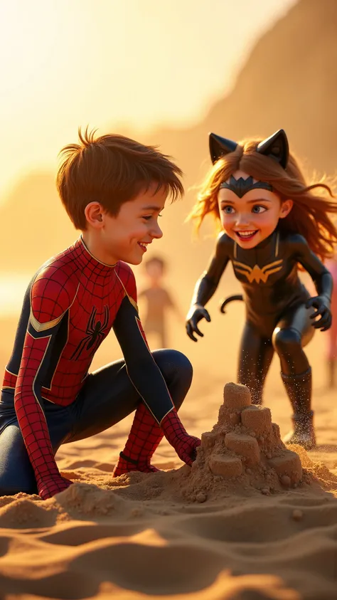 A hyper-realistic, cinematic wide-angle scene of a glowing sandy playground near the beach, under the golden sunset light. In the center: a stylish boy, dressed in a sleek, high-gloss Spider-Man suit — a perfect miniature of an Avenger, red-and-navy with ...
