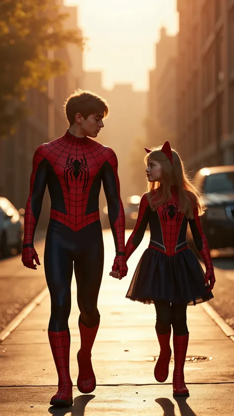 A hyper-realistic, cinematic mid-shot of two stylish teens — Spider-Boy and Cat-Girl — walking вместе сквозь школьный двор, залитый мягким солнечным светом позднего дня. Их костюмы — как из фильма: глянцевые, улучшенные версии детских, идеально сидят по ф...