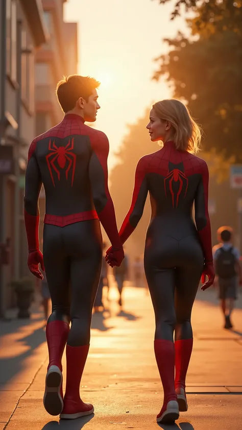 A hyper-realistic, cinematic mid-shot of two stylish teens — Spider-Boy and Cat-Girl — walking вместе сквозь школьный двор, залитый мягким солнечным светом позднего дня. Их костюмы — как из фильма: глянцевые, улучшенные версии детских, идеально сидят по ф...