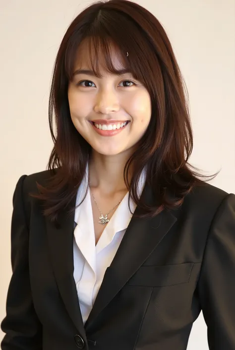Neat Young Woman、and look at the camera、office lady suit、jacket、shirt、necklace、ear piercing、、smile showing teeth、背景はオフィス

