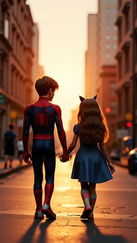 Spider-Man,Peter Parker,A hyper-realistic, cinematic mid-shot of two stylish teens — Spider-Boy and Cat-Girl — walking вместе сквозь школьный двор, залитый мягким солнечным светом позднего дня. Их костюмы — как из фильма: глянцевые, улучшенные версии детс...