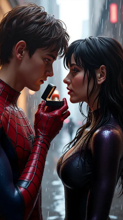 Spider-Man,Peter Parker,A hyper-realistic, cinematic close-up scene set in a quiet city alley during a light midday rain. The world is drenched but glowing — the wet pavement reflects soft white daylight, and the raindrops shimmer like falling diamonds. In...