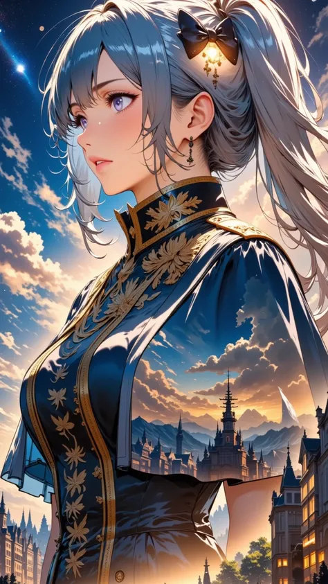 (Twin tail hair:1.3),Twin Tail Empire、The Great Empire That Rules the Universe、That Empire advocates the Twintail Hair First Principle、Large depiction of the Queen of Twin Tails in military uniform with double exposure、Twin tail hair pattern flag ,Space Battleship, The queen with twin-tails is giving the command. All the citizens of the empire have twin-tail hair.