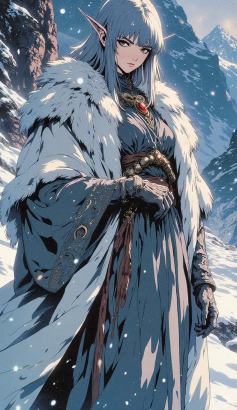 (masterpiece, best quality, ultra-detailed, professional illustration), a full body shot of an elegant female Ascetics with a solemn and sacred temperament, standing in a vast, snowy mountain landscape during a heavy snowfall. She has exquisite facial feat...