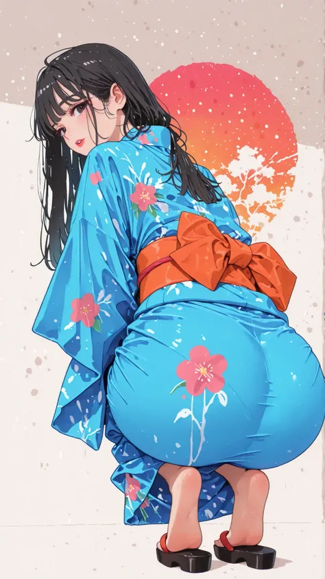 Splash Pattern Background and Spray Paint Effects , Hiroshige Utagawa, yukata, full body angle、 rear view、Woman looking back , is very beautiful , (((very attractive ass、Perfect Ass、erotism)))、highlighting her lower lips , dusk, watercolor, watercolor...