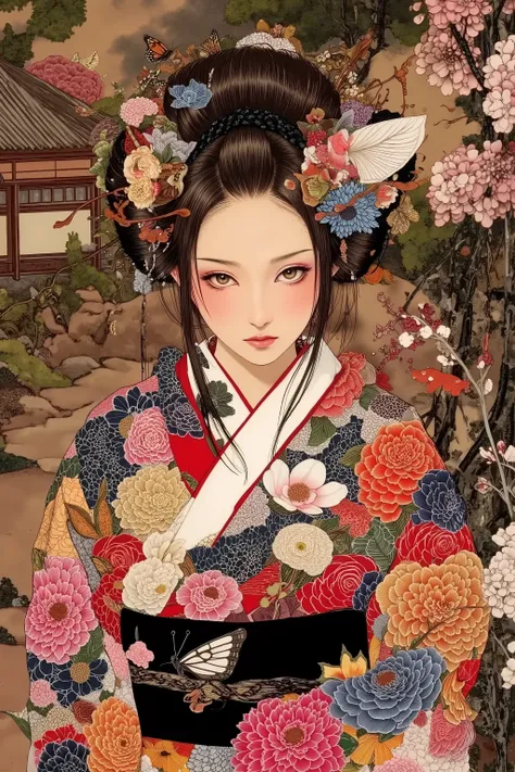 1 girl,solo,oiran,ito jakuchu,nihonga,butterflys,flowers,spring,in front of japanese old house,Japanese garden,kyoto,anatomically correct,detailed,realistic,vivid color