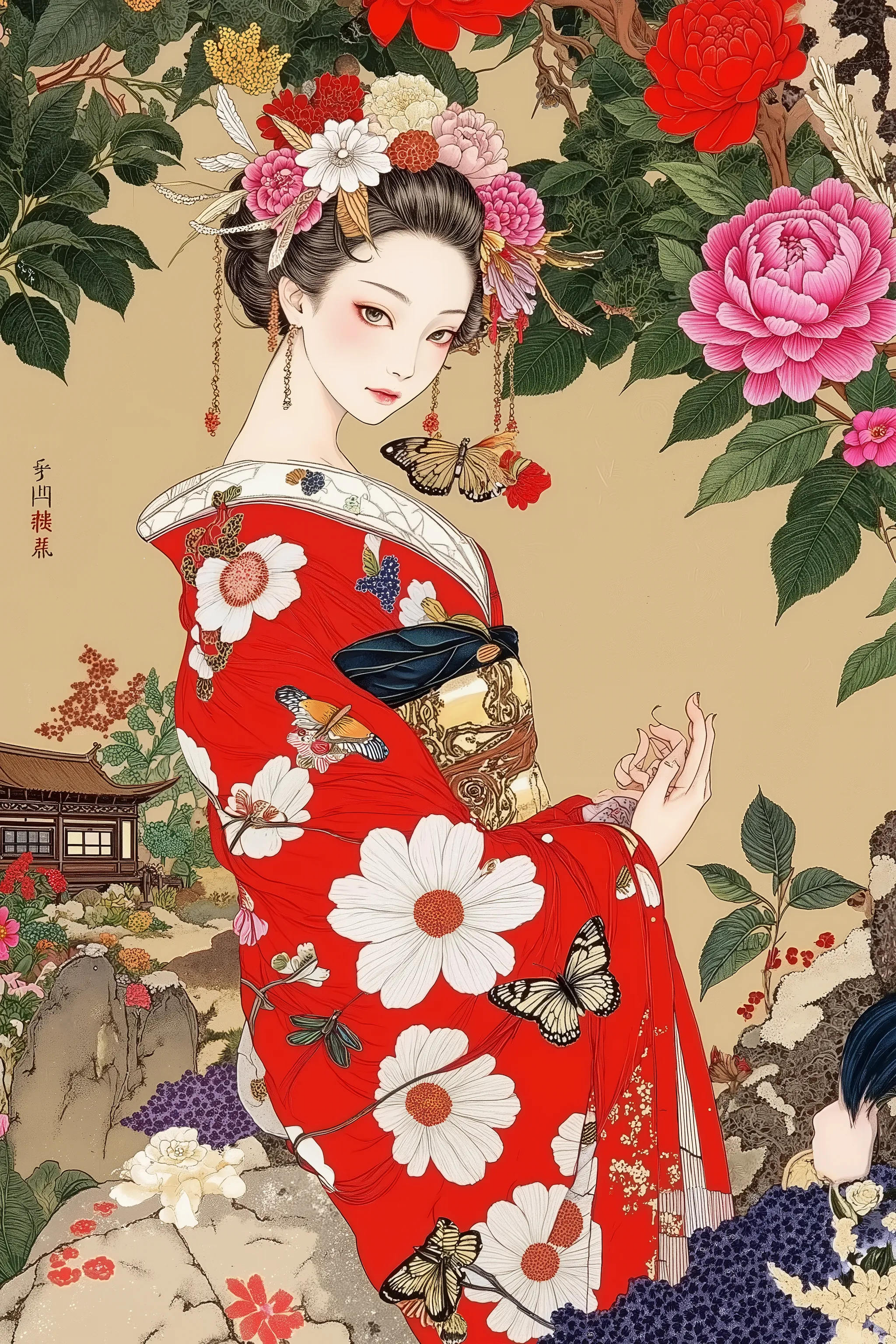 1 girl,solo,oiran,ito jakuchu,nihonga,butterflys,flowers,spring,in front of japanese old house,Japanese garden,kyoto,anatomically correct,detailed,realistic,vivid color