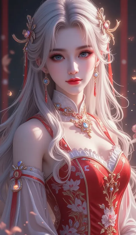 Voluptuous woman, gorgeous woman, mature woman, gradient hair, long hair, voluminous hair, aqua eyes, gentle smile, glossy lips, gothic, thick eyelash , platinum hair, red highlight, light hair, multicolored hair, colored inner hair, (red Mandarin gown dre...