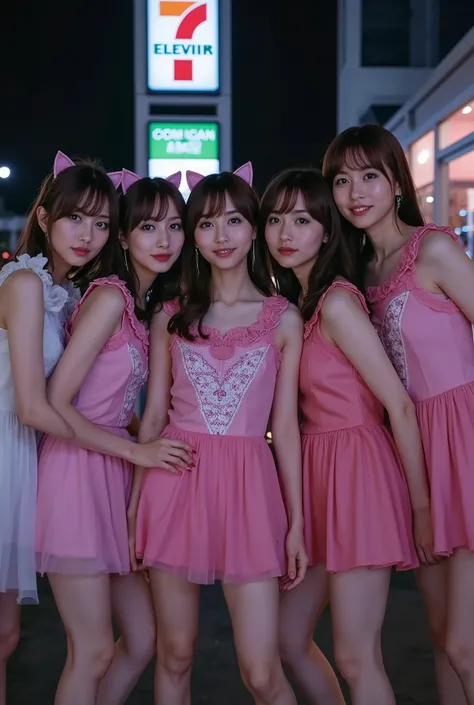 A stunning portrait of a Japanese female idol group, dressed in their signature costumes with playful cat ears. Their slender figures exude elegance as they pose in a dramatic PV scene. The backdrop is a midnight-lit 7-Eleven, its neon glow casting a cinem...