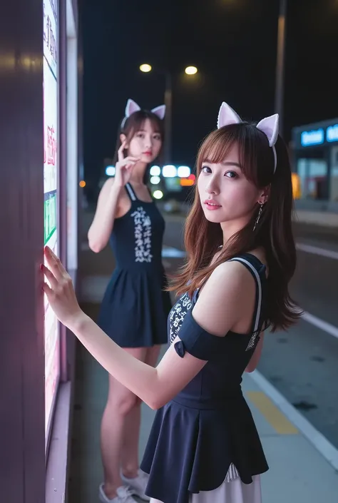 A stunning portrait of a Japanese female idol group, dressed in their signature costumes with playful cat ears. Their slender figures exude elegance as they pose in a dramatic PV scene. The backdrop is a midnight-lit 7-Eleven, its neon glow casting a cinem...