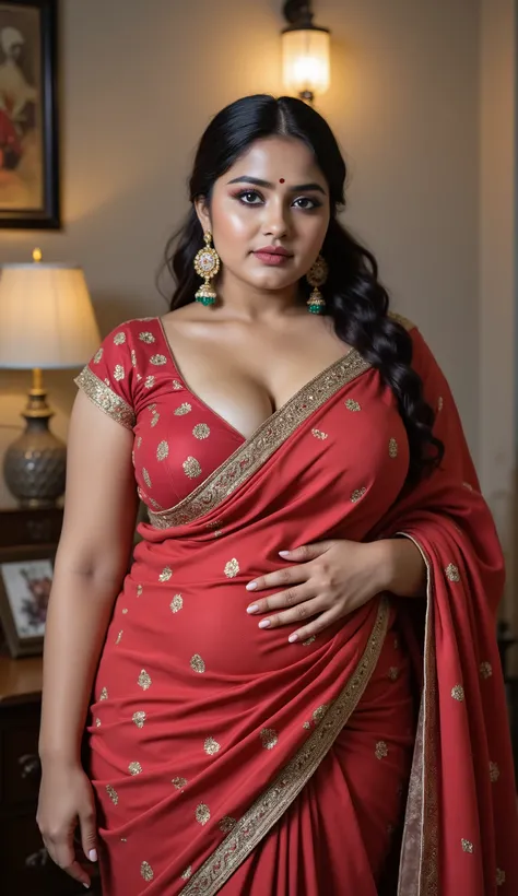  Beautiful cute  girls  with thick thighs and a curvy waist,  wearing a  beautiful Indian dress, ((low waist)), (tied  hair)), (( beautiful Indian dress)) , bindi on forehead, highly detailed, depth of field, cinematic lighting, intricate, ((30 yo, gorgeou...