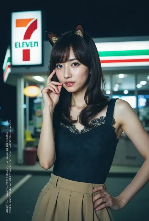 A breathtaking portrait of a Japanese female idol group, dressed in their signature costumes with playful cat ears. Their slender silhouettes radiate elegance as they perform in a dramatic PV scene. The backdrop is a midnight-lit 7-Eleven, its neon glow ca...