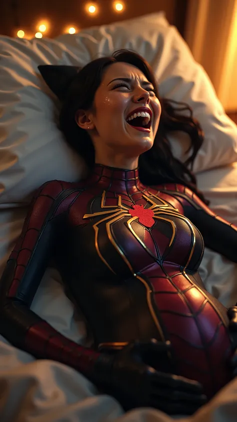 Spider-Man,Peter Parker,Spider-Man, Peter Parker, A hyper-realistic, cinematic close-up of Cat-Girl, mid-labor, mid-scream — the room glowing with soft golden fairy lights, yet vibrating with raw tension. She lies on a large bed, pillows kicked askew, shee...