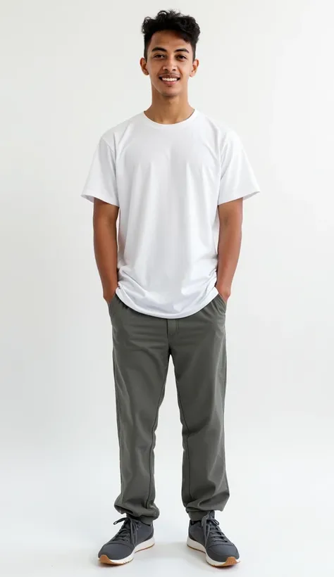 Portrait of a young Indonesian man, 20 year old, smooth light brown skin, sunken almond-shaped brown eyes, strong eyebrows, very short curly black hair, army look hair style, no mustache and no beard, symmetrical face, faint smile, skinny body build, height 165 cm.
Hair style : very short curly black hair, army look hair style
Outfit : Wear White short-sleeved shirt neatly tucked into trousers, gray casual trousers, sport shoes.
Pose : Standing casually with hands in pockets.
Camera Angle : Eye level shot, front view, full body and legs.
Background : Plain white background.
Picture : Photorealistic, High resolusion, cinematic focus, cinematic lighting, color image, cinematic color, detailed skin texture, blurred background, Natural shades.
