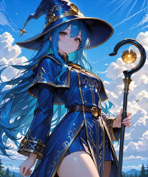 748cmstyle, fine trait, masterpiece, best quality,fine trait,Beautiful Gorgeous Magician-wizard-Girl, wizard-hat,,very long wavy Blue hair, hadling a magic-staff, pose action.  High def brown eyes, Best Quality, eyesHD, detailed eyes, high definition eyes,...