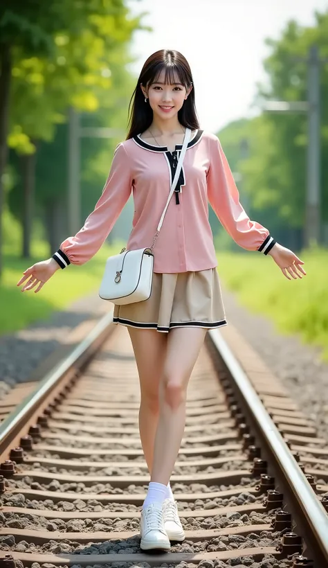 Japanese solo actress taking an artistic photo book。Photobook shoot。Take a full-body shot from the front。on the single-track tracks of a Japanese rural train。((petite, young, and cute Japanese woman looking like an idol))。((The woman is walking while balan...