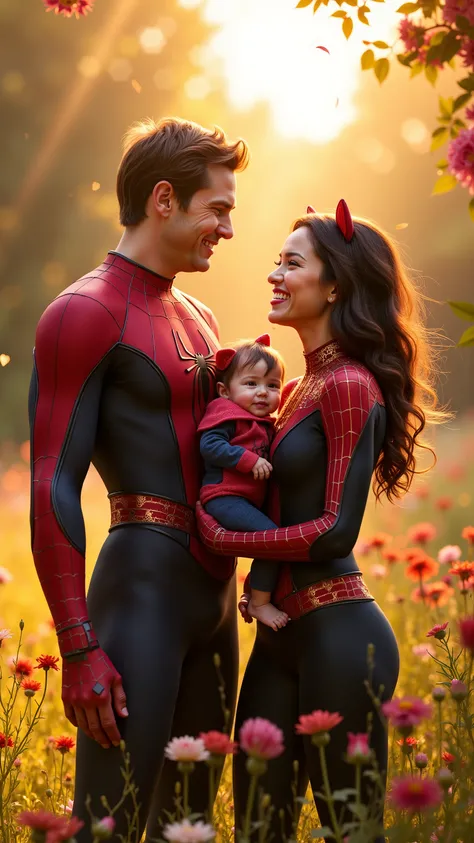 Spider-Man,Peter Parker,Spider-Man, Peter Parker, A hyper-realistic, cinematic full-body portrait of a superhero family frozen in a moment of pure joy. In the heart of a sunlit garden bursting with color — roses, daisies, and tall golden grass swaying in t...