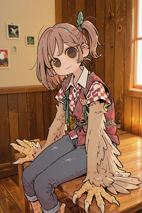 1 girl, Harpy, (Eagle harpy), (light brown feathers), (fluffy feathers), (Eagle eyes), ((sitting on the table)), NRA patch on vest, slender, tall female, masterpiece, sharp focus, best quality, depth of field, beautiful, cinematic lighting, vibrant colors,...