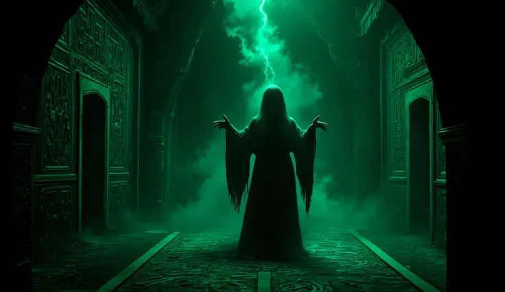 Witch performing a dark ritual, occult horror style, ancient symbols, glowing runes.
