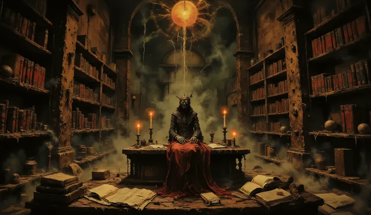 Cursed artifact in a dark library, Lovecraftian horror style, ancient books, ominous aura.